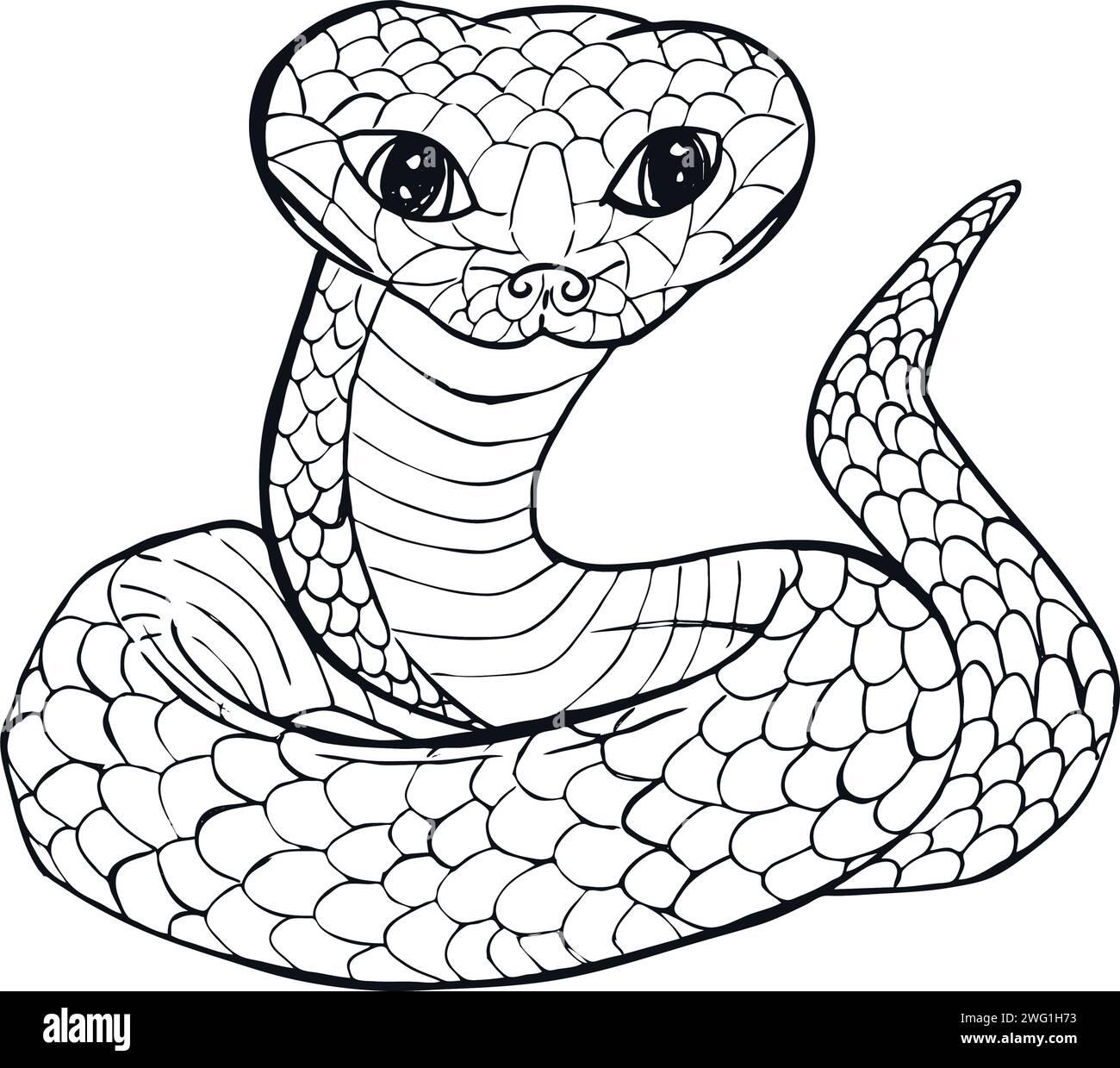 Bella, ma pericolosa, a righe nere con grigia, una linea di arte serpente marino separata su sfondo bianco. Illustrazione di cartoni animati vettoriali, colorazione della pagina b Illustrazione Vettoriale