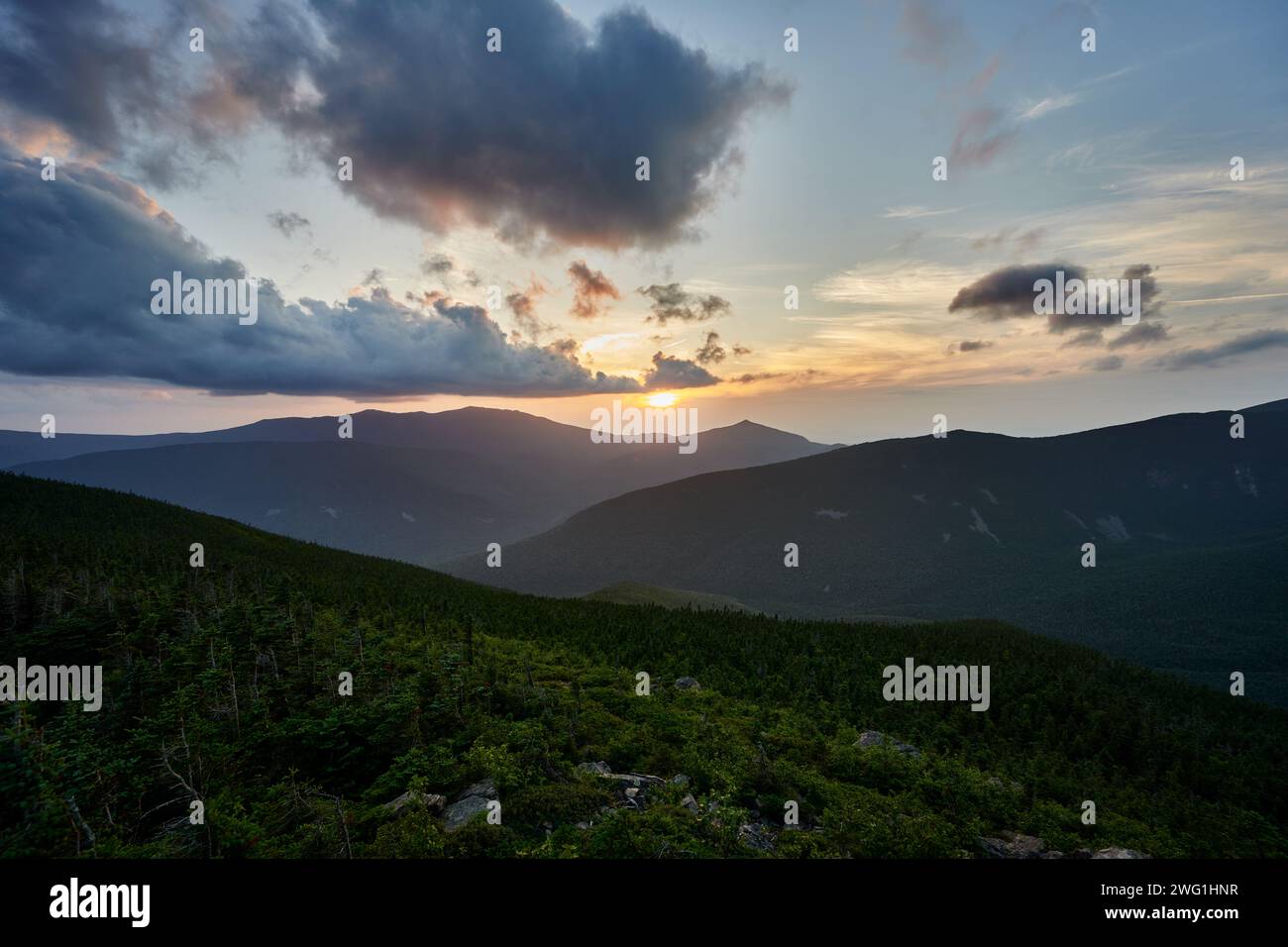 Galehead Mountain al tramonto, White Mountain National Forest, New Hampshire, Stati Uniti Foto Stock