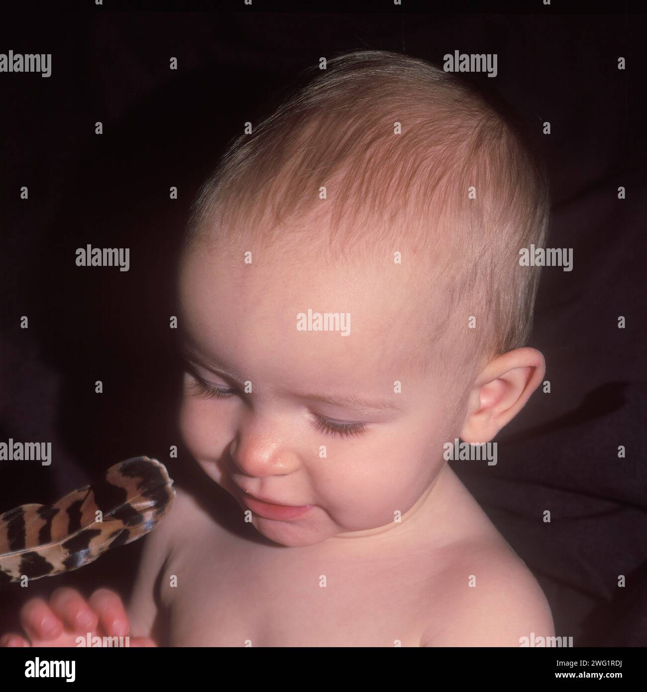 Solletico un neonato con una piuma Foto Stock