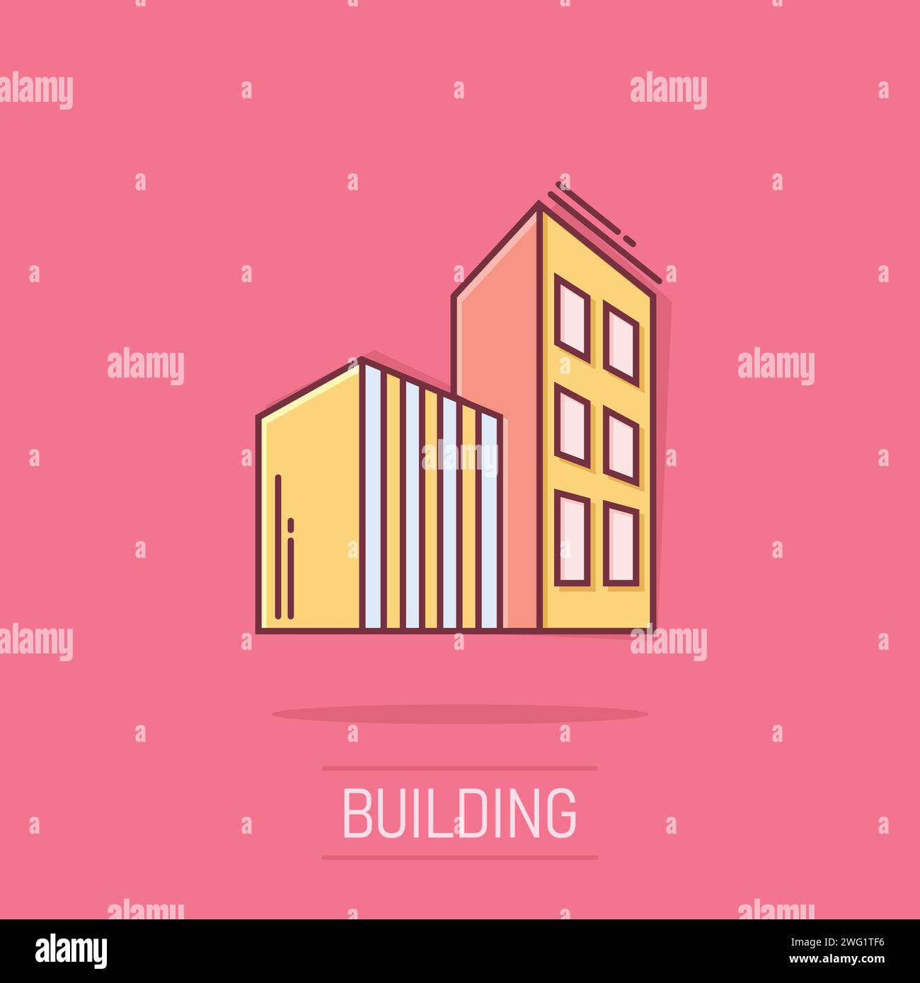 Costruzione di icone in stile comico. Illustrazione vettoriale dei grattacieli su sfondo isolato bianco. Architettura splash effect concetto aziendale. Illustrazione Vettoriale