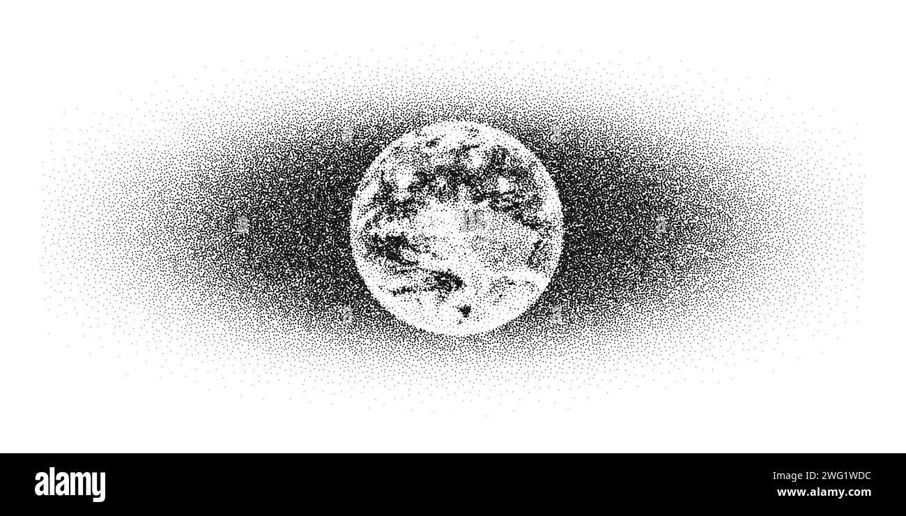 Dotwork Earth Day background. Il rumore nero irradia i punti del pianeta. Vettore tratteggiato Illustrazione Vettoriale