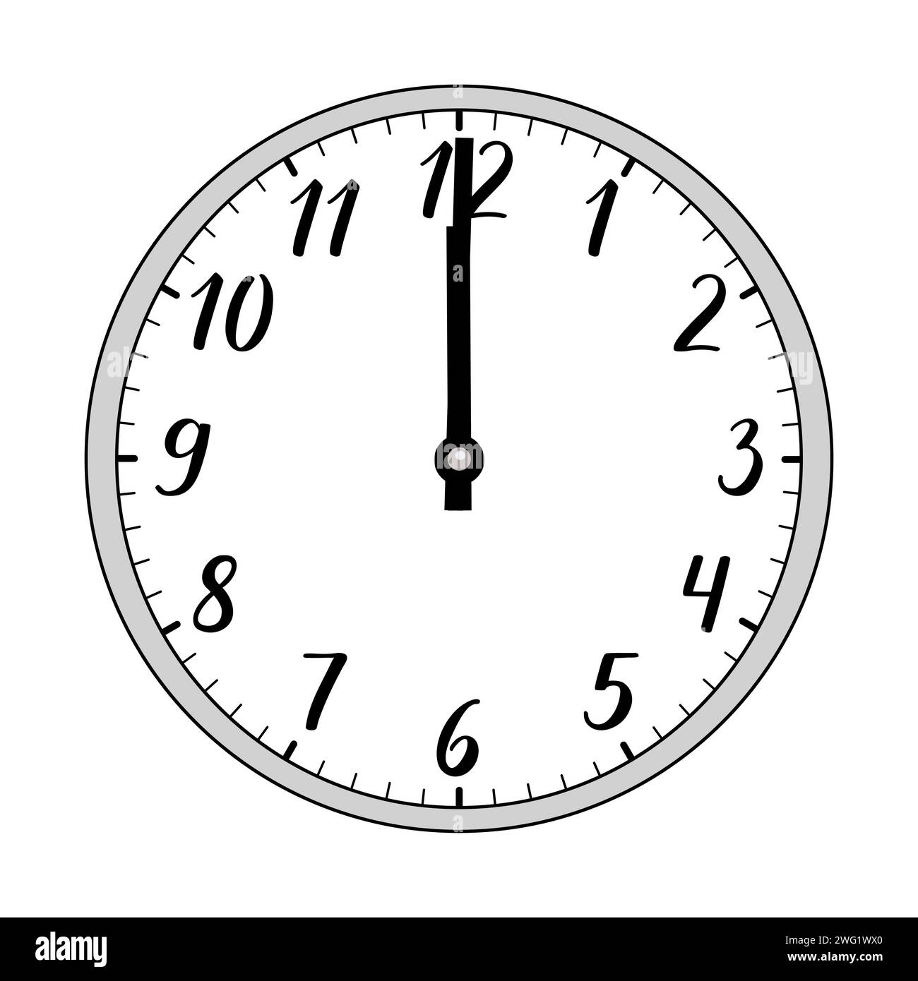 Immagine vettoriale di un orologio analogico 24 ore su 24 che mostra 12 ore del giorno o 24 ore della notte. L'orologio ha una cornice grigia e numeri scritti a mano. Illustrazione Vettoriale