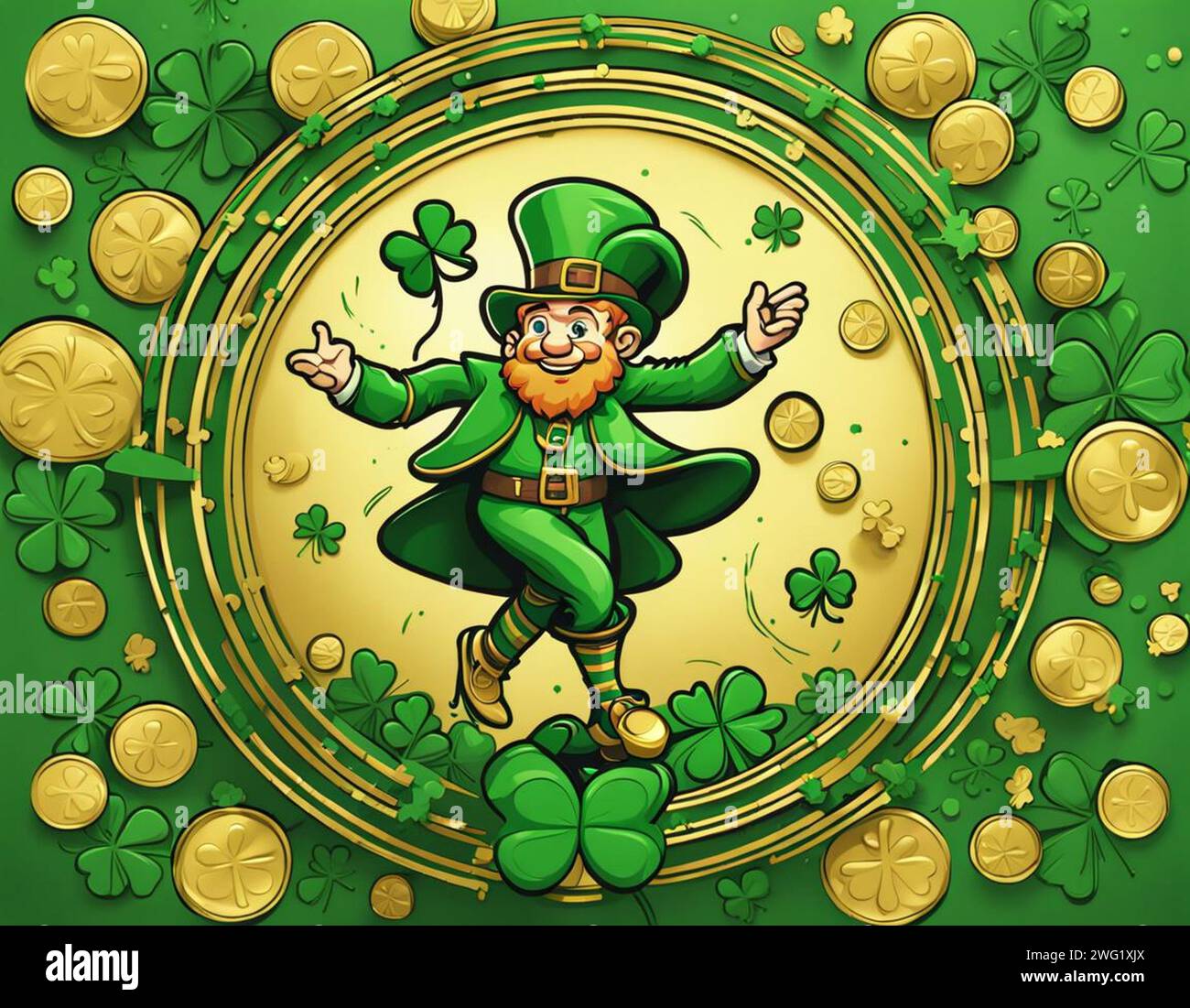 Leprechaun, icona del logo del giorno di San Patrizio con barba, con cappello a cappello, happy dance verde e oro Foto Stock