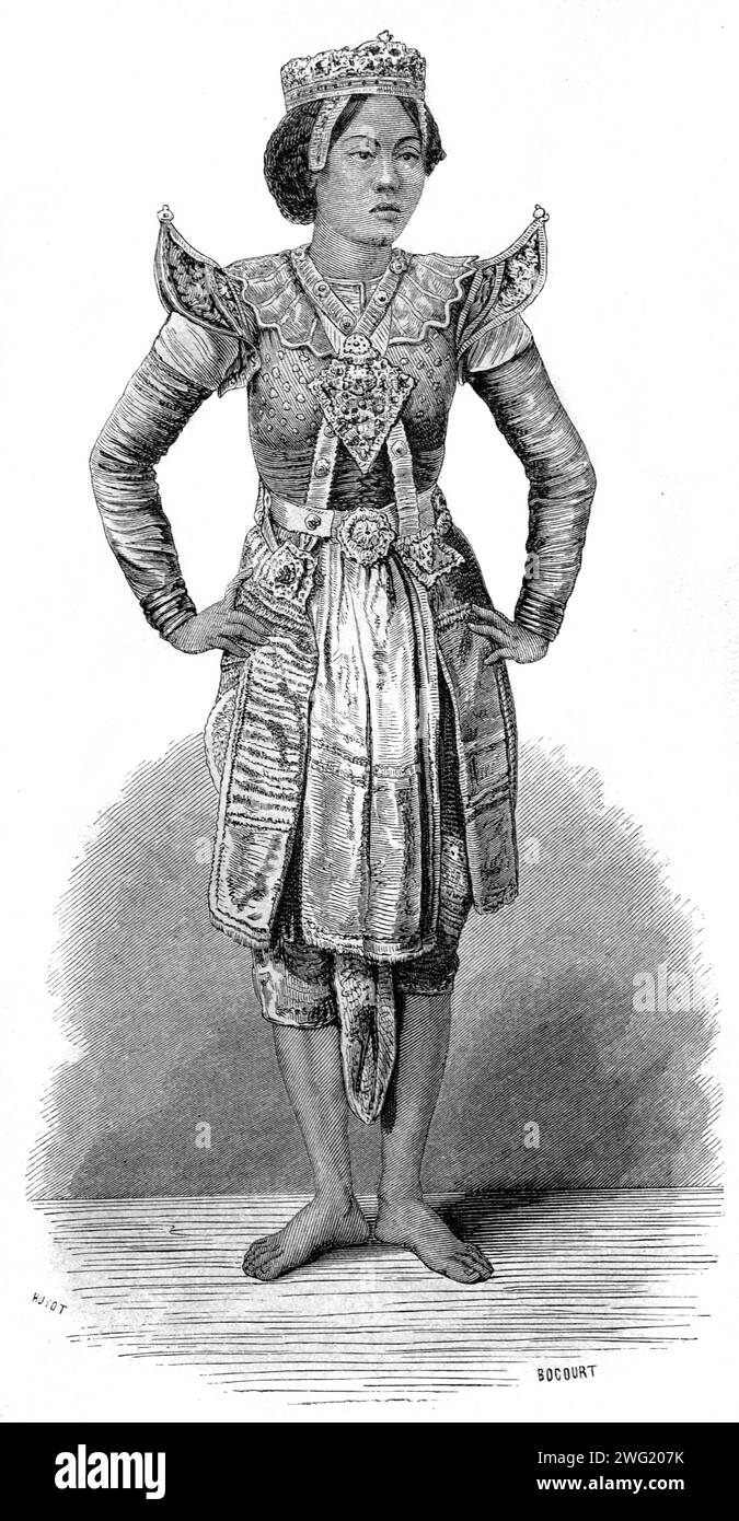 Attrice o attore thailandese vestita con tradizionale costume thailandese o abito etnico thailandese. Incisione vintage o storica o illustrazione 1863 Foto Stock
