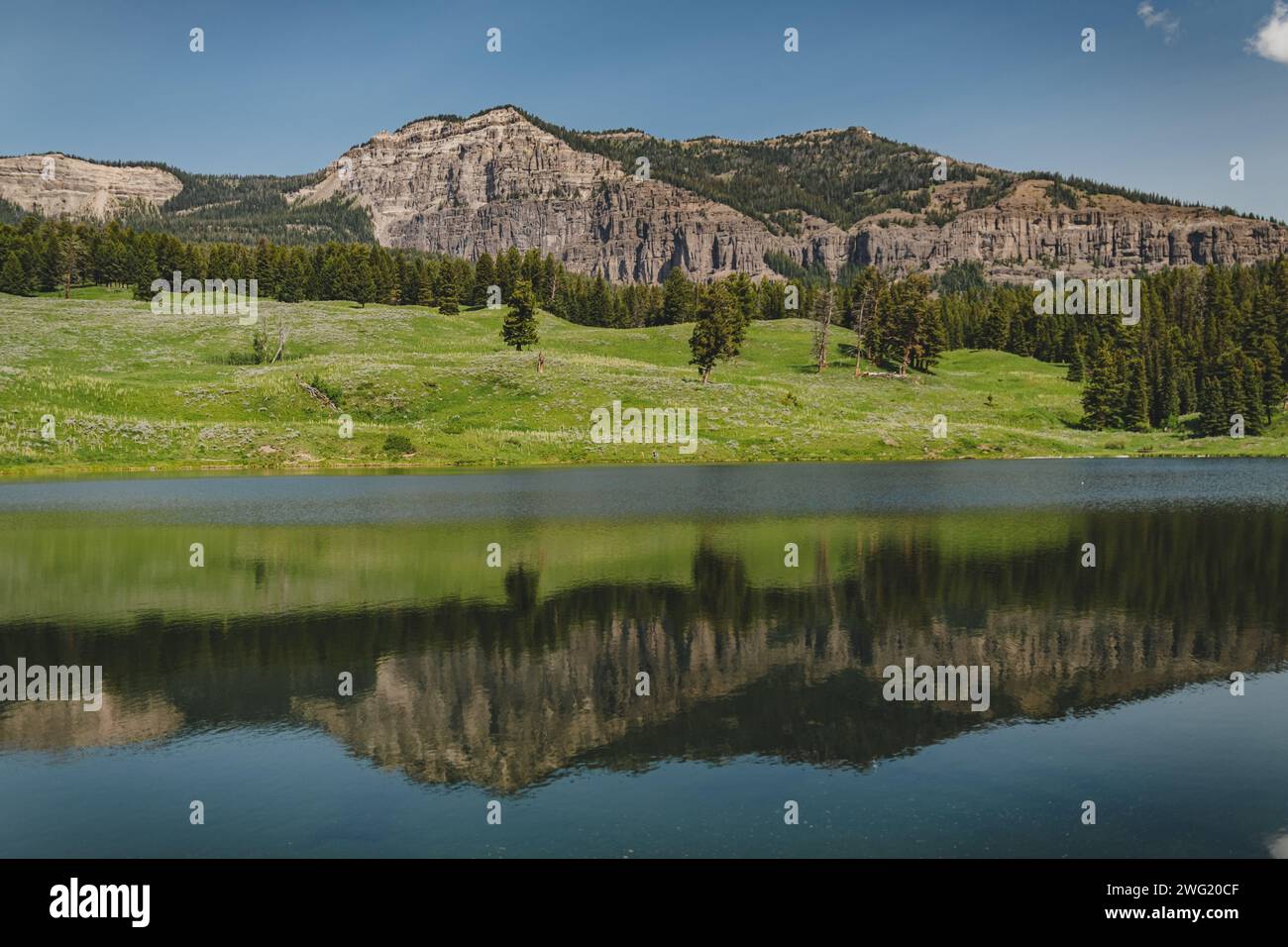 Mount Horniday si riflette nelle acque del lago Trout nel parco nazionale di Yellowstone Foto Stock