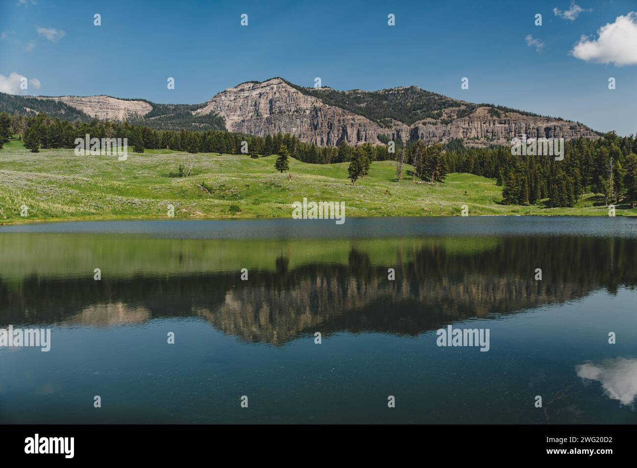 Mount Horniday si riflette nelle acque del lago Trout nel parco nazionale di Yellowstone Foto Stock