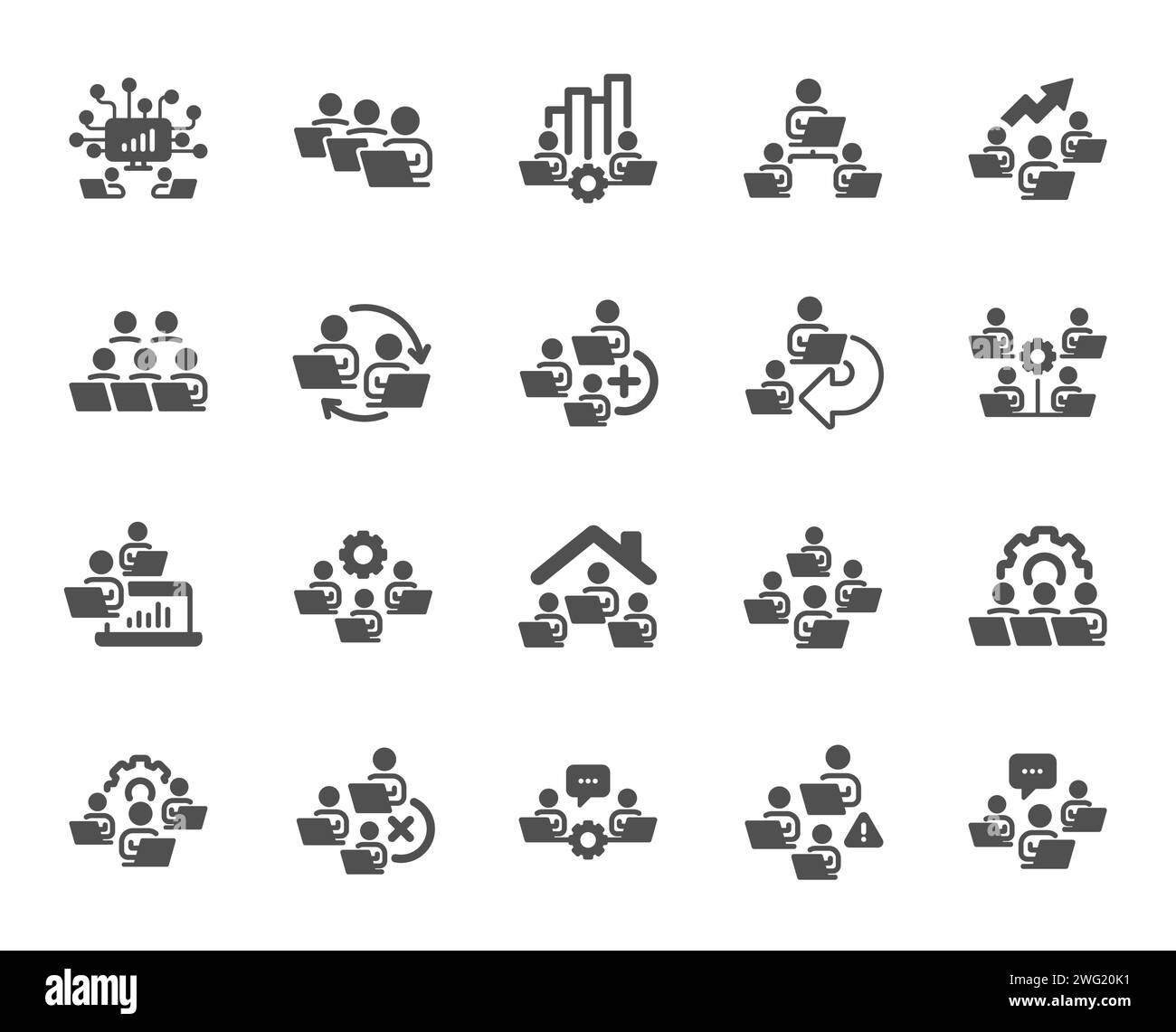 Icone del lavoro di squadra. Lavorare a casa, lavoratore online, ufficio remoto. Vettore Illustrazione Vettoriale