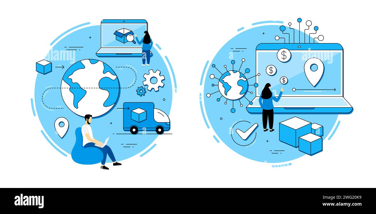 Operazioni logistiche, set di icone vettoriali del servizio di fornitura. Trasporto d'affari, trasferimento merci. Icone delle metafore. Illustrazione Vettoriale