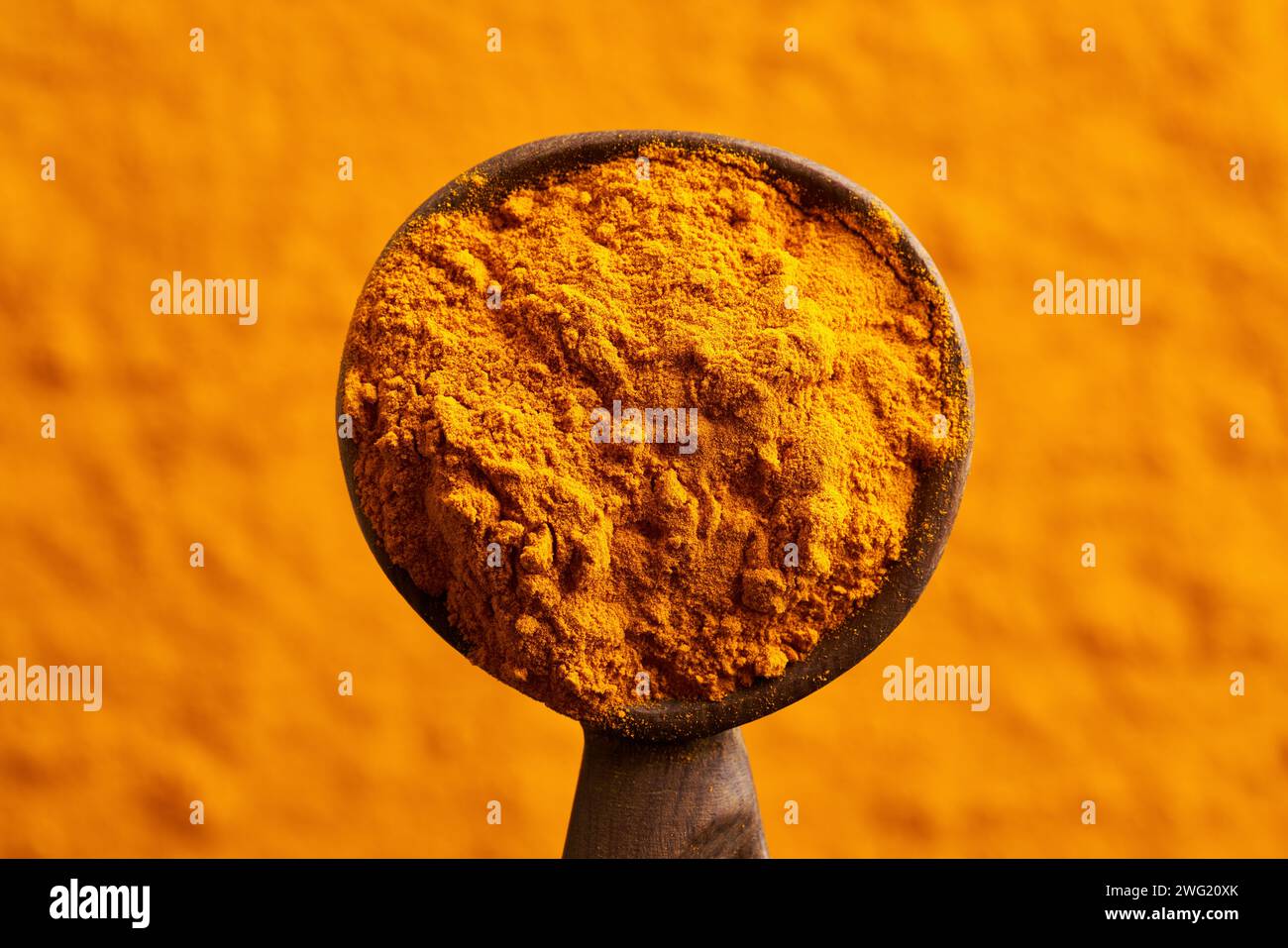 Polvere di curcuma essiccata su un cucchiaio di legno Foto Stock