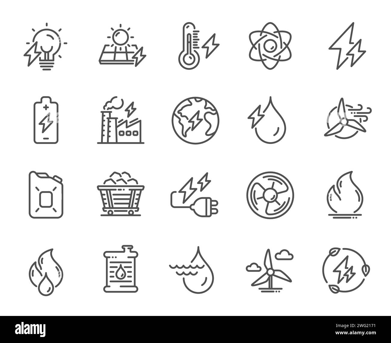 Icone delle linee dei tipi di energia. Carrello a carbone, pannelli solari, icone dell'energia idroelettrica. Energia elettrica sostenibile. Vettore Illustrazione Vettoriale