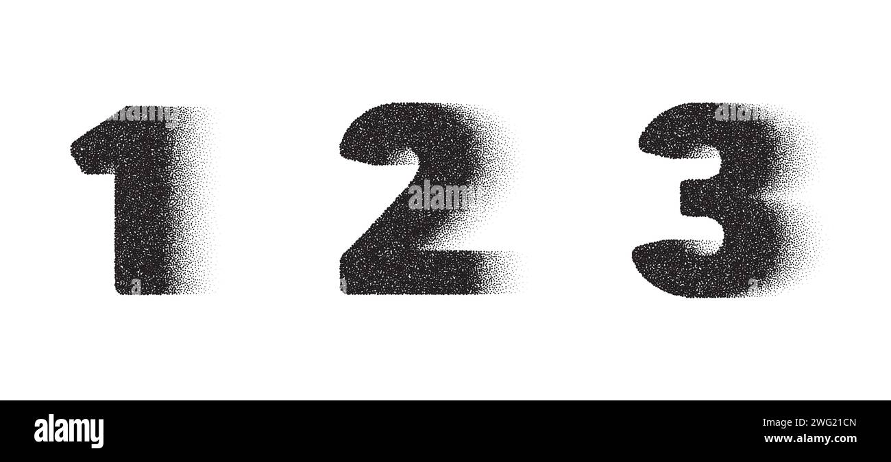 1°, 2° e 3° numero Dotwork. 123 cifre nere con punti di disturbo. Vettore tratteggiato Illustrazione Vettoriale