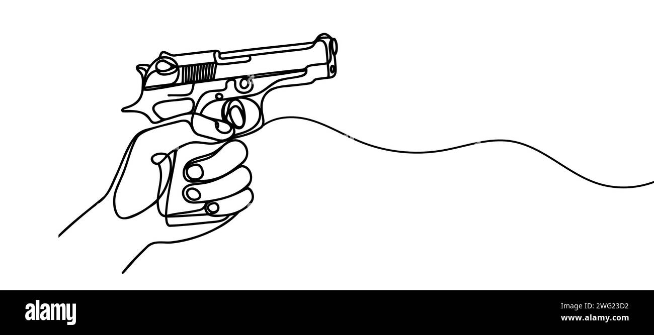 Disegno a linee continue della pistola di fissaggio manuale. Una linea che disegna la mano tenendo la pistola. Illustrazione Vettoriale