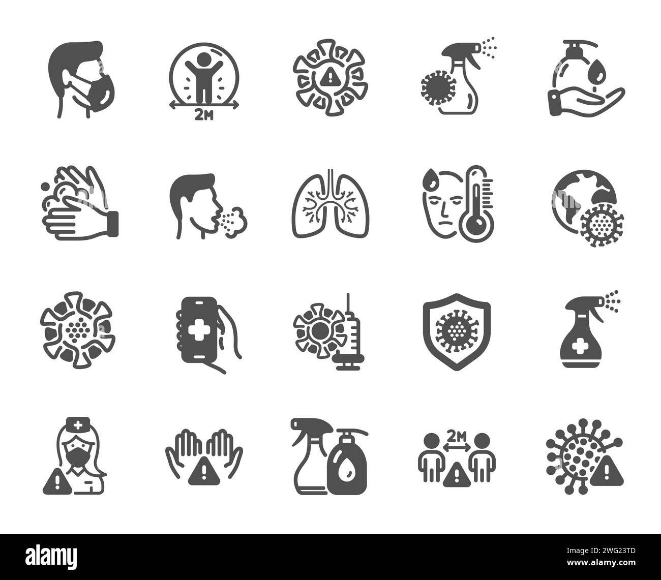 Icone del coronavirus. Maschera medica, lavarsi le mani, sintomi del virus Corona. Pandemia di COVID-19. Vettore Illustrazione Vettoriale