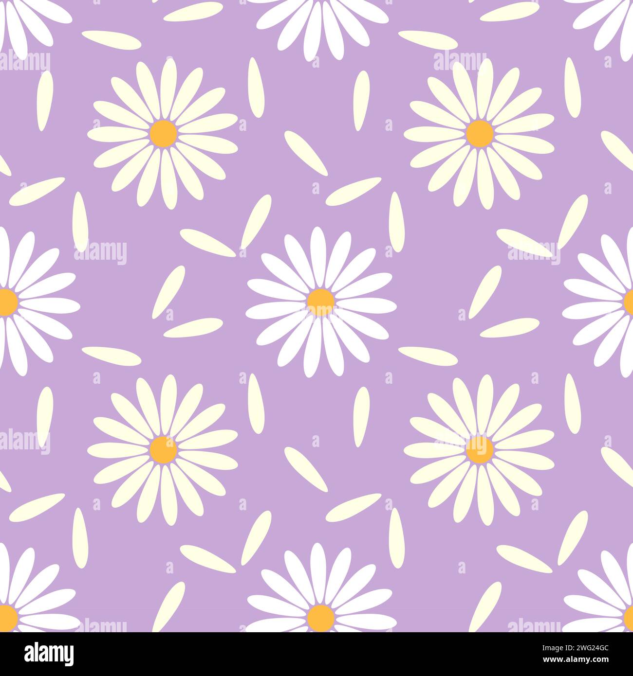 Questo modello è caratterizzato da un motivo ripetuto di margherite bianche in camomilla con il colore giallo che si concentra su un morbido sfondo viola, tessuto. Illustrazione Vettoriale