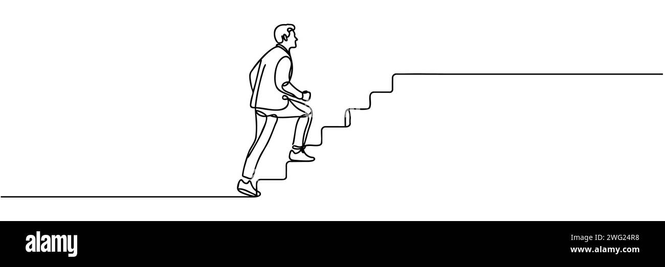 Disegno continuo a linea singola. Un uomo d'affari sale le scale fino alla porta Illustrazione Vettoriale