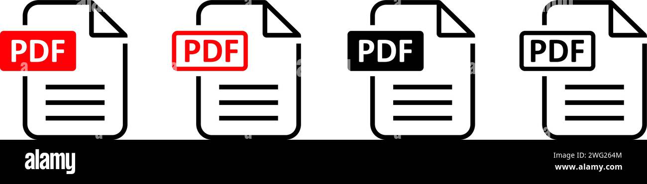 Set di icone del formato file PDF. Informazioni sul formato, testo del documento Illustrazione Vettoriale