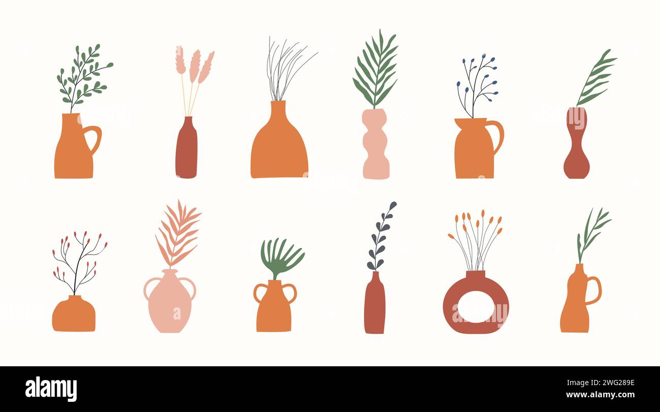 Set di vasi in argilla con piante verdi e secche. Rami e ramoscelli nella caraffa di terra. Decorazioni minimalistiche in stile fogliame per interni accoglienti in stile scandinavo Illustrazione Vettoriale