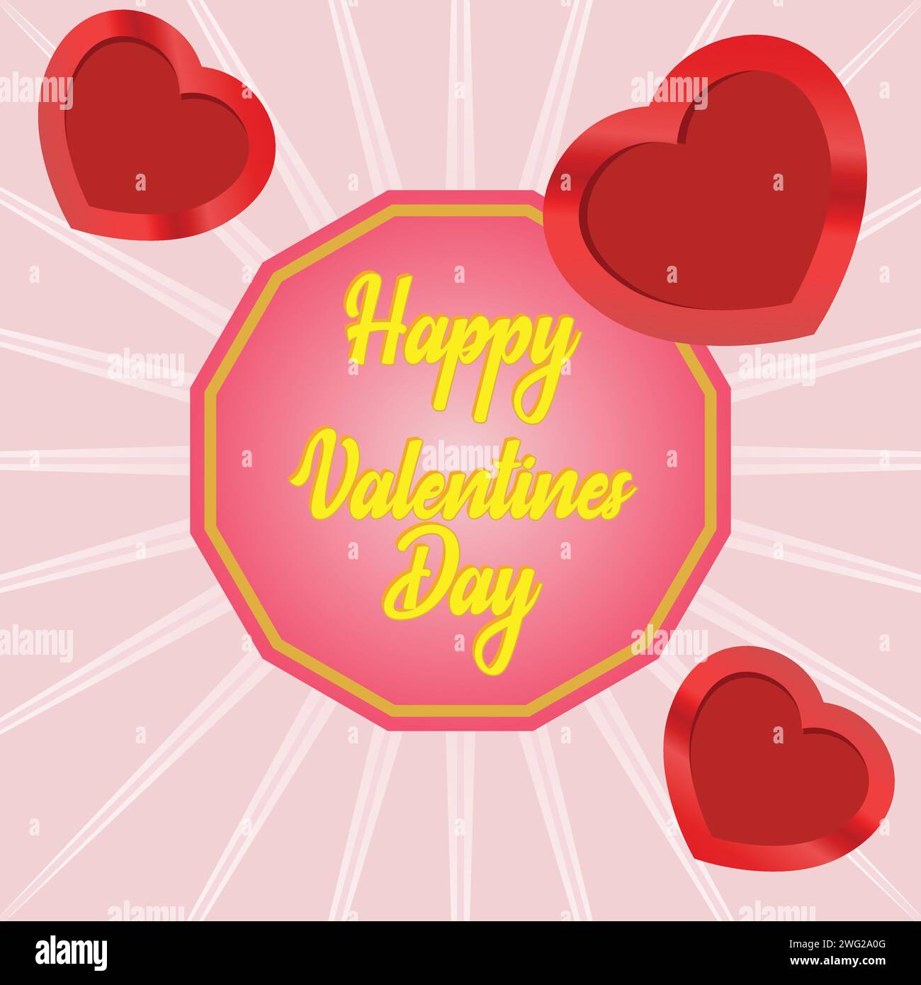 Vivi l'esplosione dell'amore con il nostro vettore di San Valentino. Quattro cuori lucidi orbitano attorno a un distintivo vibrante, inciso con il dorato "Happy Valentines da" Illustrazione Vettoriale