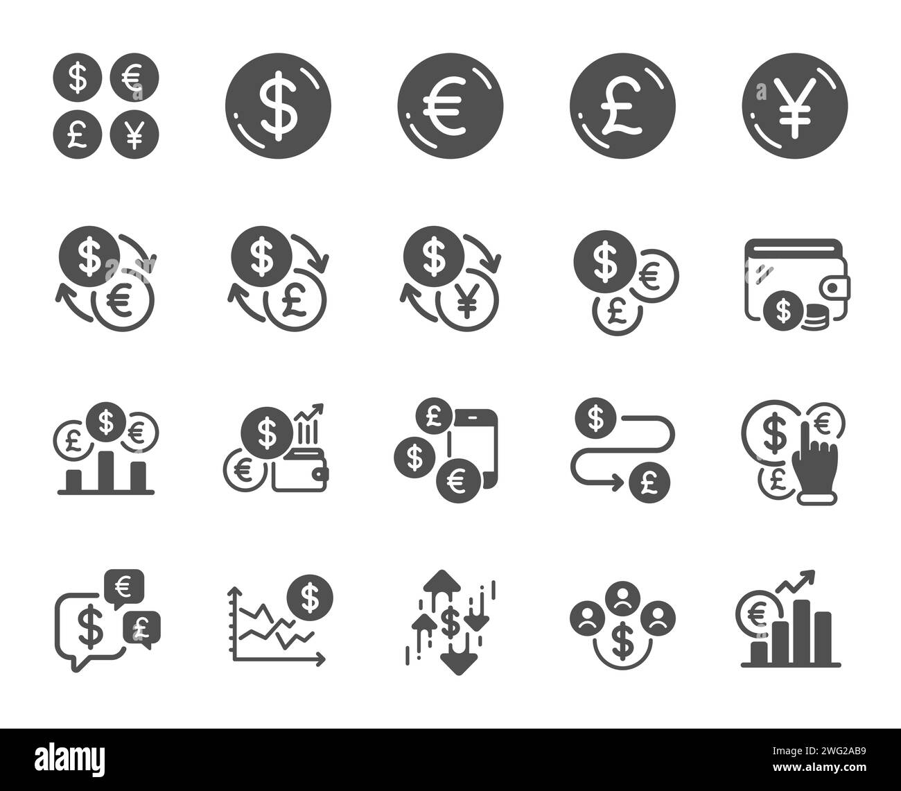 Icone delle valute. Icone denaro contante, trasferimento in Euro Dollaro e cambio valuta. Vettore Illustrazione Vettoriale
