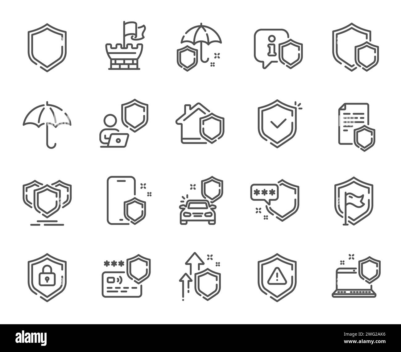 Icone della linea di difesa. Assicurazione auto, scudo di sicurezza e icone ombrello di sicurezza. Vettore Illustrazione Vettoriale