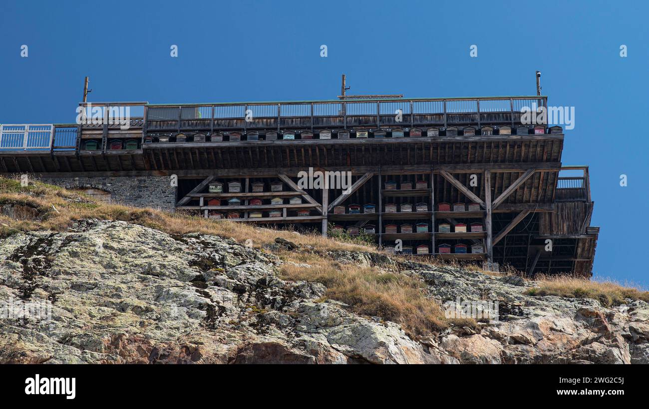 Numerosi alveari sotto la terrazza di un vecchio edificio a l'Alpe d'Huez nelle Alpi, Francia Foto Stock