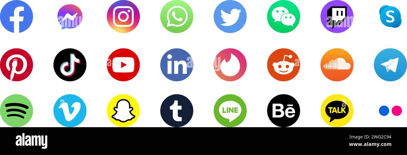 Set di icone delle applicazioni social più diffuse con angoli arrotondati. Facebook, Instagram, Twitter, YouTube. Illustrazione Vettoriale