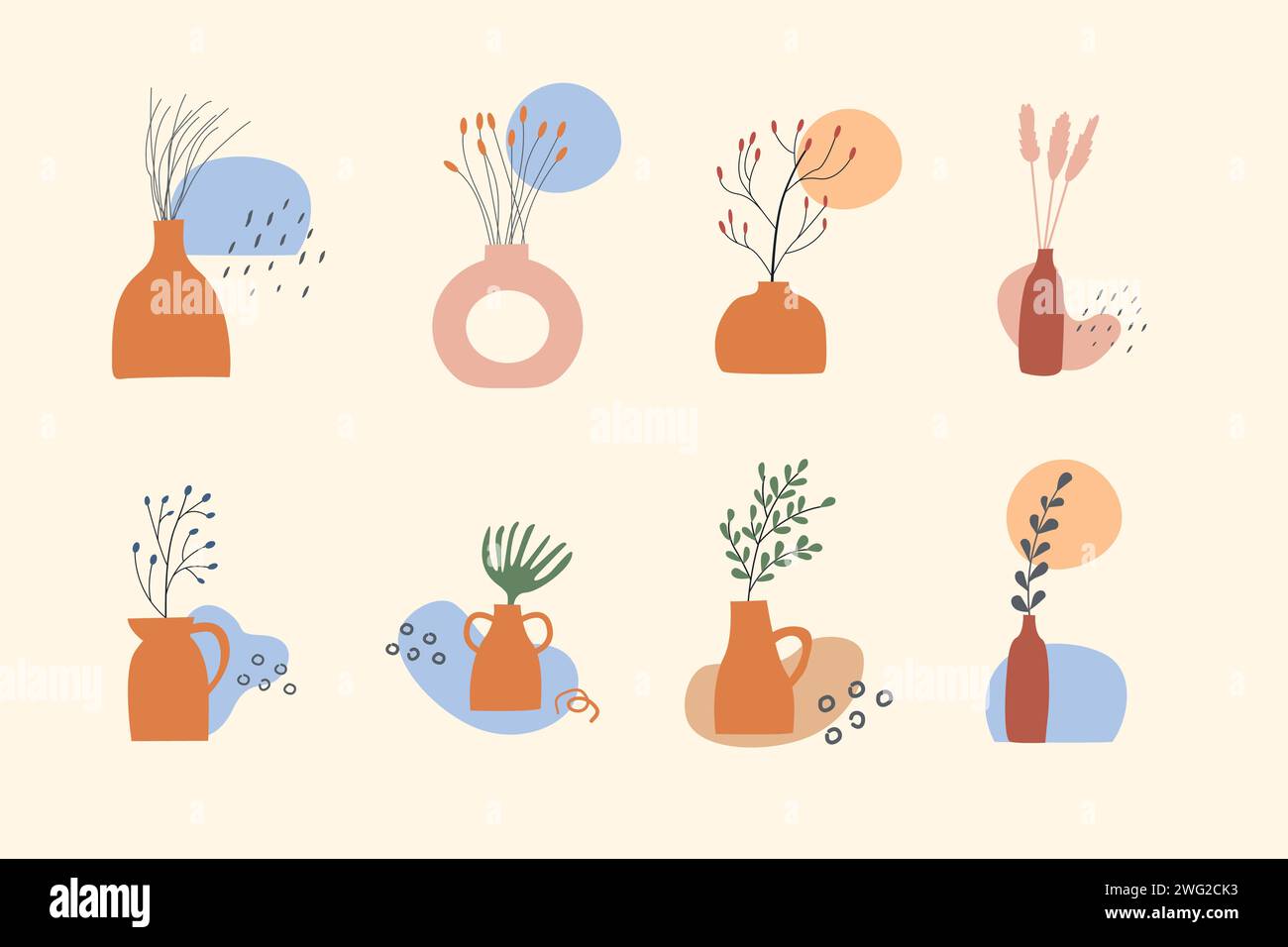 Set di vasi in argilla con piante verdi e secche. Rami e ramoscelli nella caraffa di terra. Decorazioni minimalistiche in stile fogliame per interni accoglienti in stile scandinavo Illustrazione Vettoriale