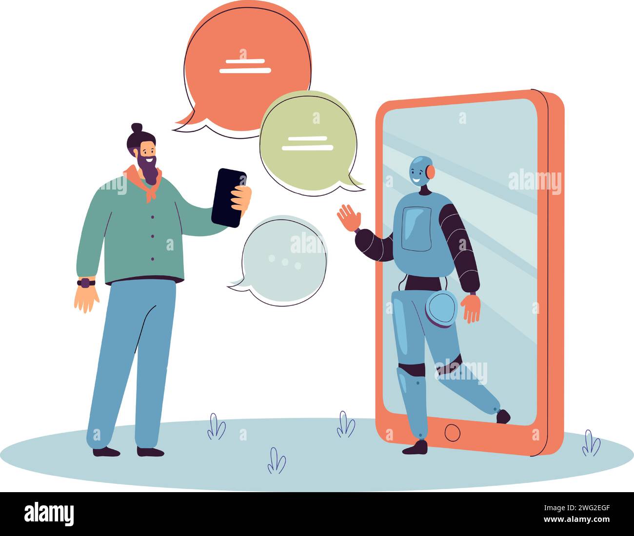 Un'illustrazione di una persona che lavora con un servizio di chat ai. Illustrazione Vettoriale