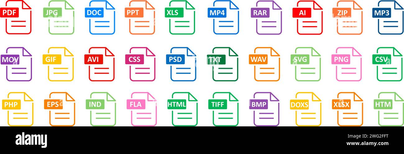 Set di icone del formato file PDF. Informazioni sul formato, testo del documento, download di file PDF, protezione PDF per la protezione dei documenti Illustrazione Vettoriale