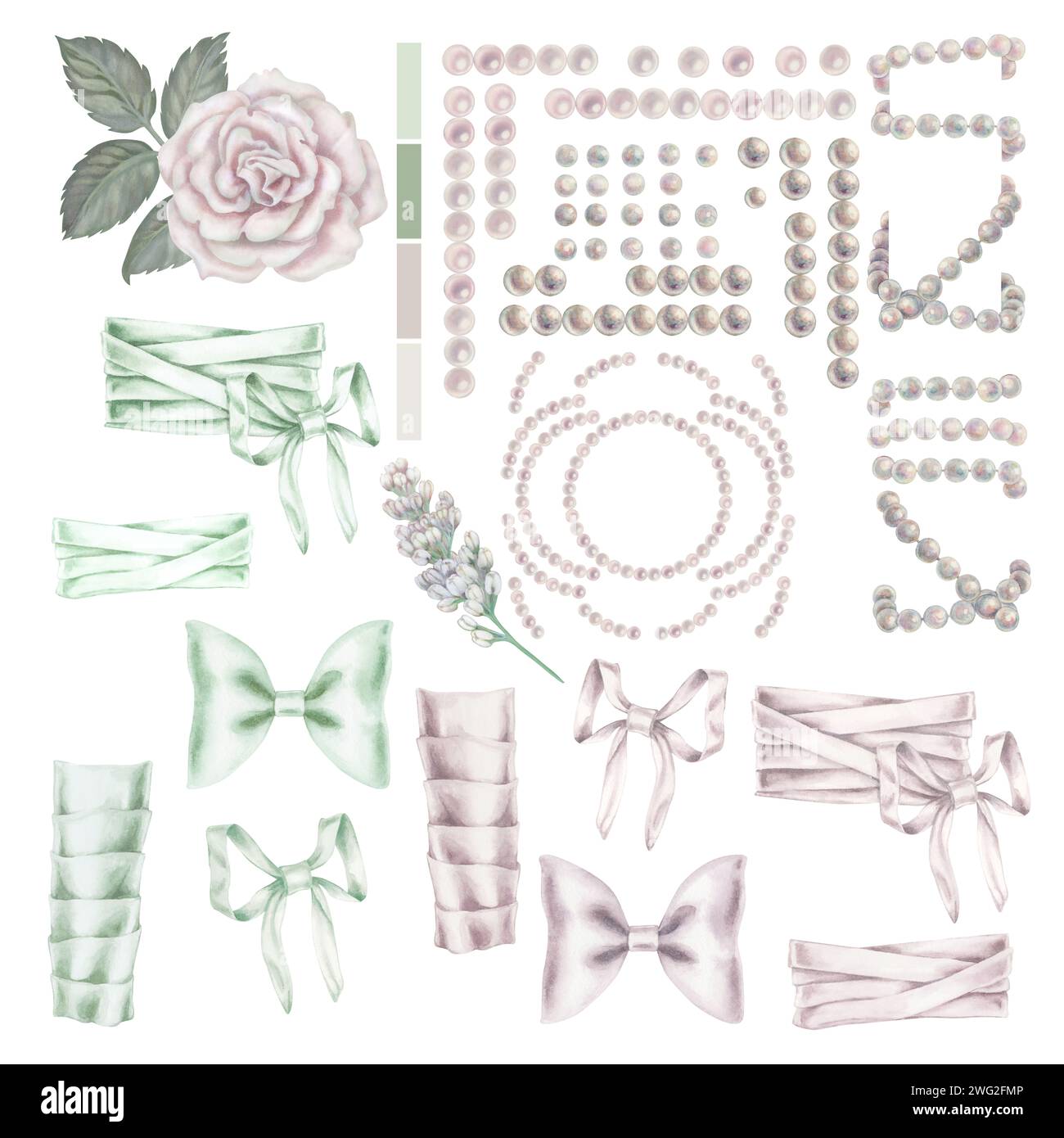 Arco verde acquerello e rosa, perle rosa bianche in una palette pastello in stile vintage per matrimoni, festa della donna, San Valentino per modelli, clipa Foto Stock