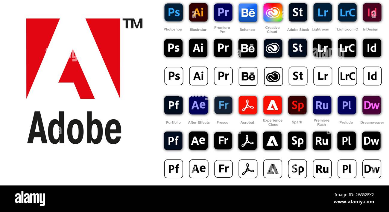 Prodotto Adobe. Set di logotipi di prodotti Adobe: adobe, Illustrator, photoshop, cloud creativo, After Effects Illustrazione Vettoriale