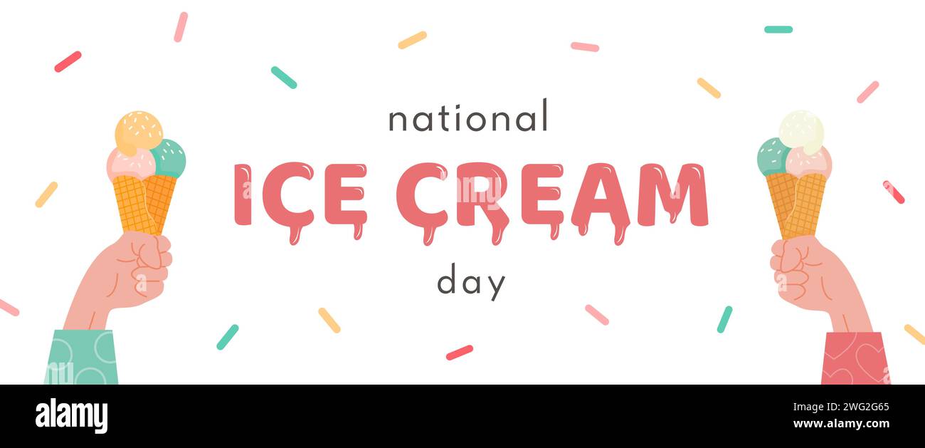 Striscione orizzontale Happy National Ice Cream Day. Un cono per waffle con vari misurini per gelato alla frutta. Gelato o sorbetto in mano. Banner quadrato vettoriale in f Illustrazione Vettoriale