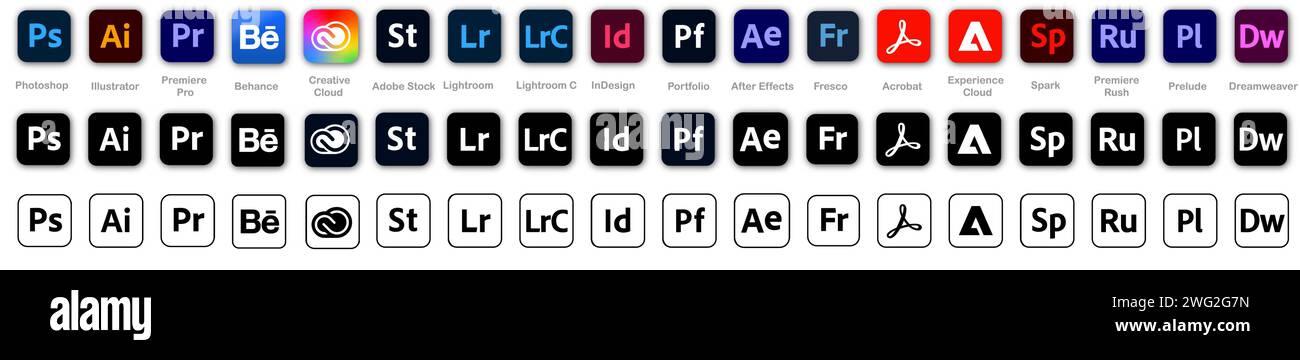 Prodotto Adobe. Set di logotipi di prodotti Adobe: adobe, Illustrator, photoshop, cloud creativo, After Effects Illustrazione Vettoriale