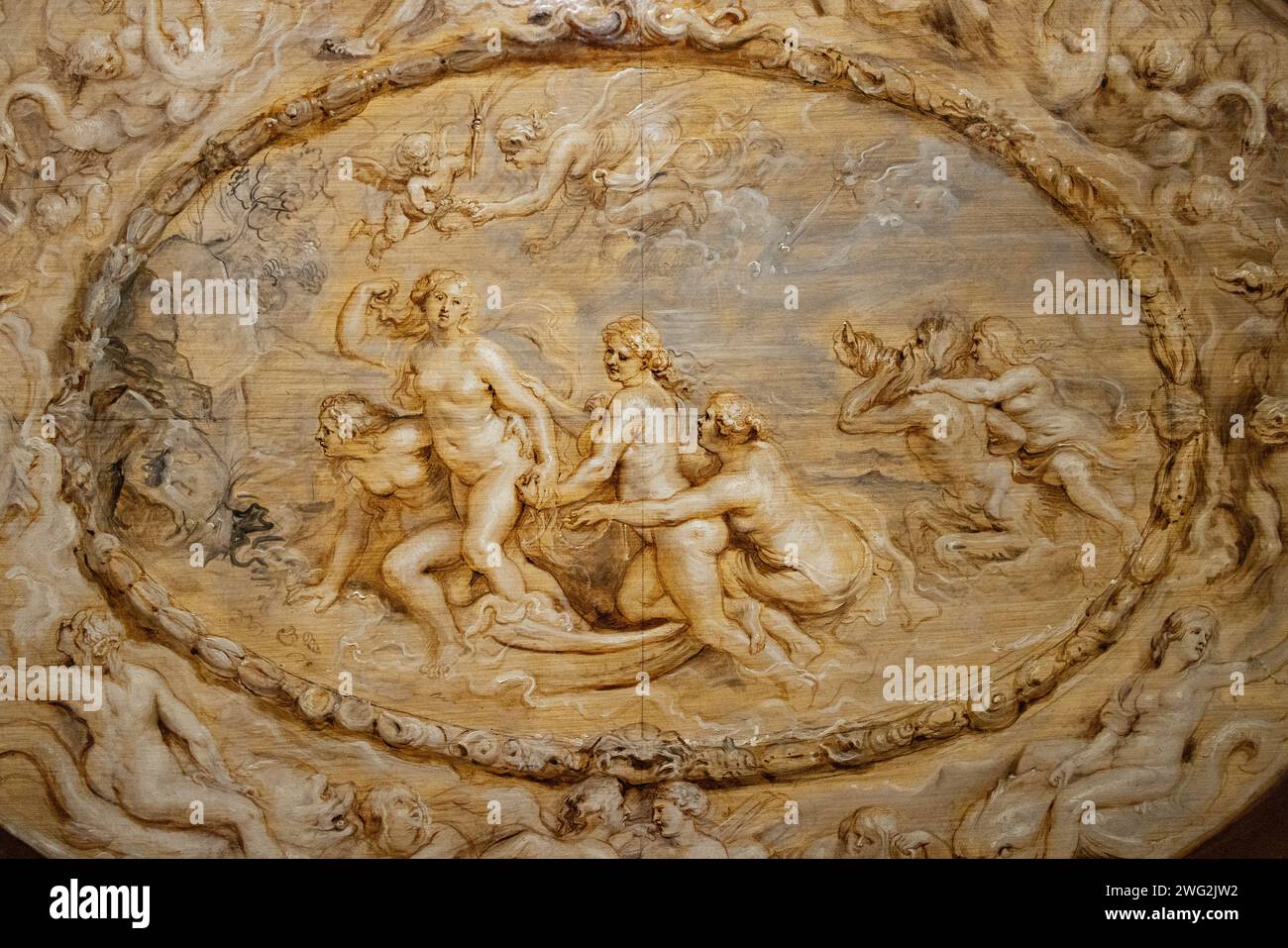 Peter Paul Rubens dipinge, 'la nascita di Venere' 1632-3, gesso nero e olio su quercia. Con Venere, dea dell'amore, Nettuno, Cupido e Psiche Foto Stock
