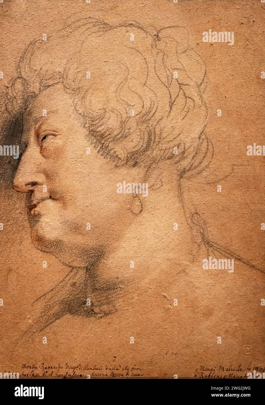 Peter Paul Rubens disegno, 'Uno studio per la testa di Maria de' c1622. Gesso nero, rosso e bianco. ritratto del xvii secolo di una donna Foto Stock