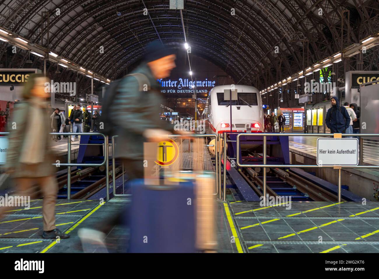Stazione centrale di Francoforte sul meno, treno ICE sul binario, viaggiatori, Assia, Germania, Foto Stock