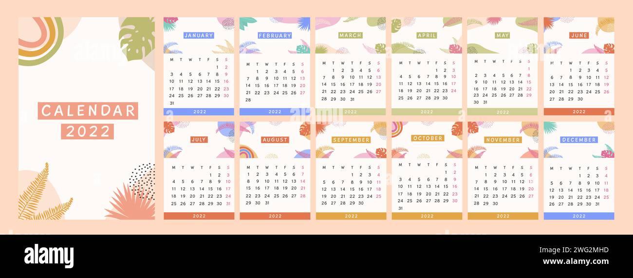 2022 anni di calendario moderno. Planner astratto tropicale con piante esotiche colorate disegnate a mano in uno stile bohémien. Lilla astratta minimalista Illustrazione Vettoriale