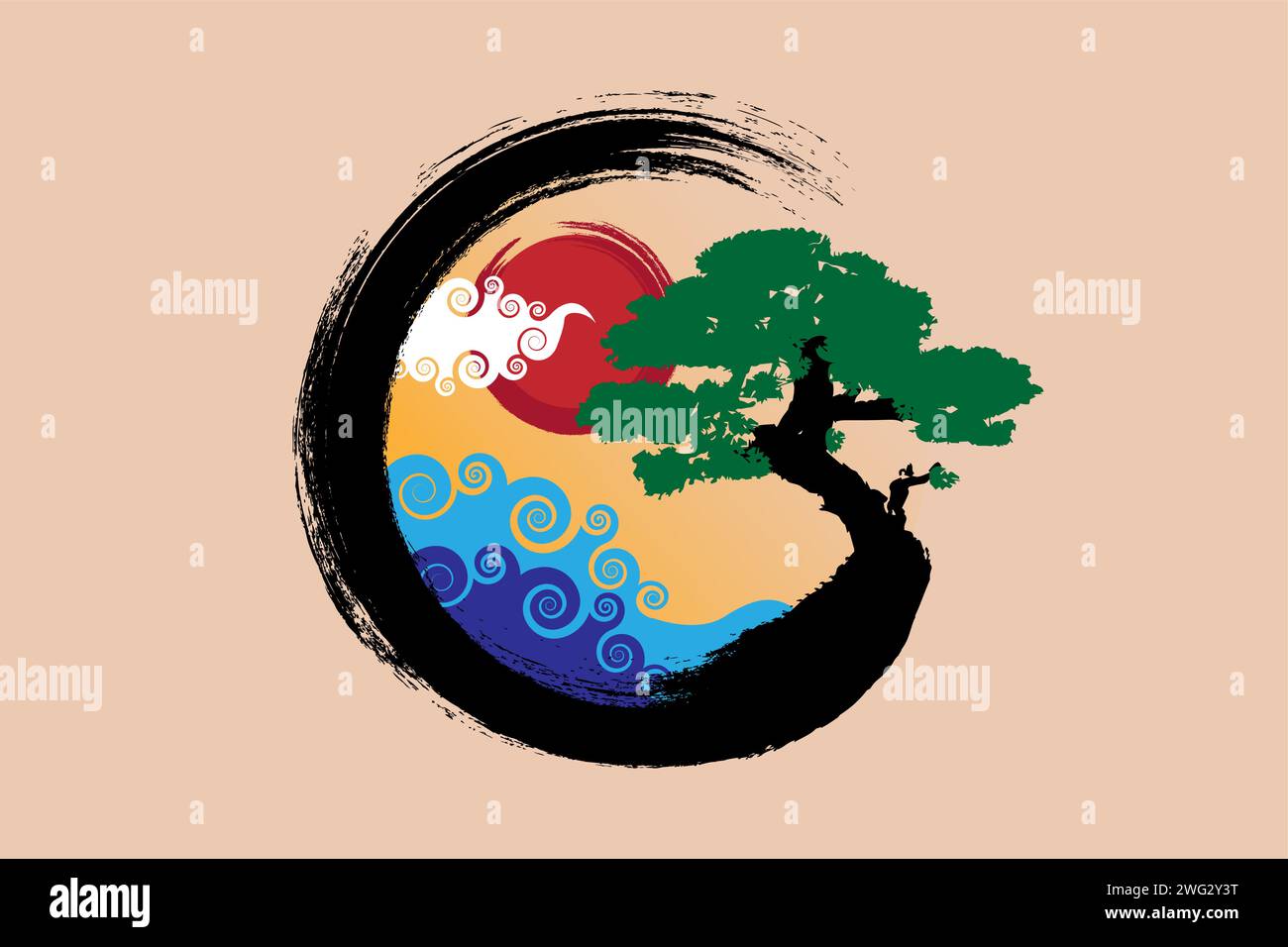 Paesaggio giapponese su Enso Zen Circle, albero Bonsai e grande sole rosso, disegnato a mano con inchiostro colorato in sumi-e tradizionale stile orientale, logo Vector Illustrazione Vettoriale