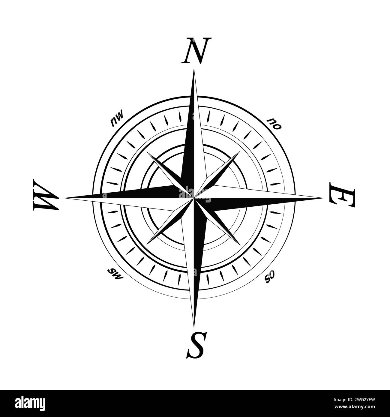 Kompass Rose Vector mit acht Richtungen und deutscher Osten Bezeichnung. Isolierter Hintergrund. Illustrazione Vettoriale