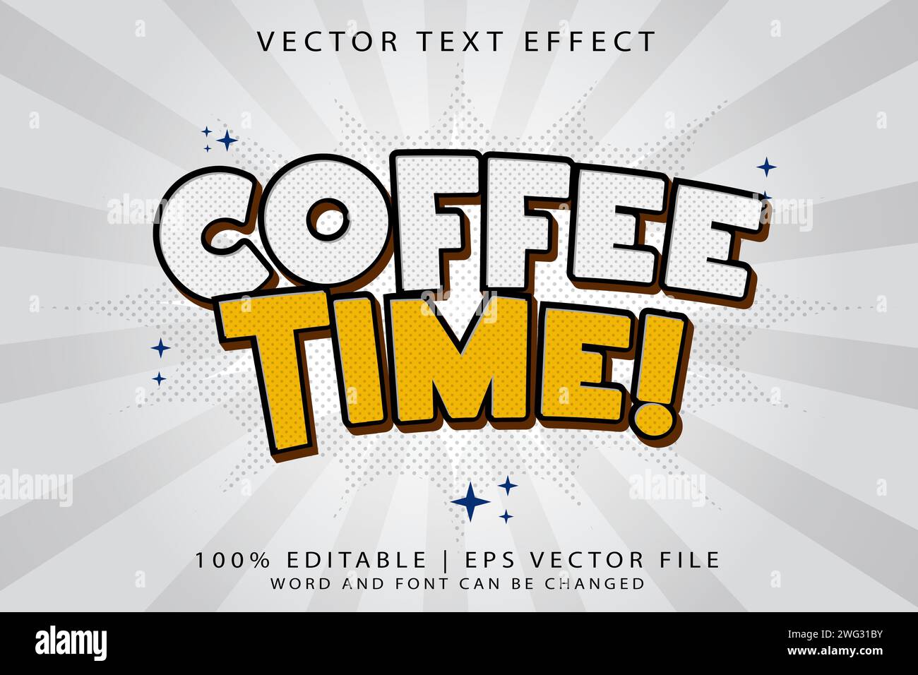 Effetto testo modificabile Coffee Time cartone animato 3D carino stile modello vettoriale Premium Illustrazione Vettoriale