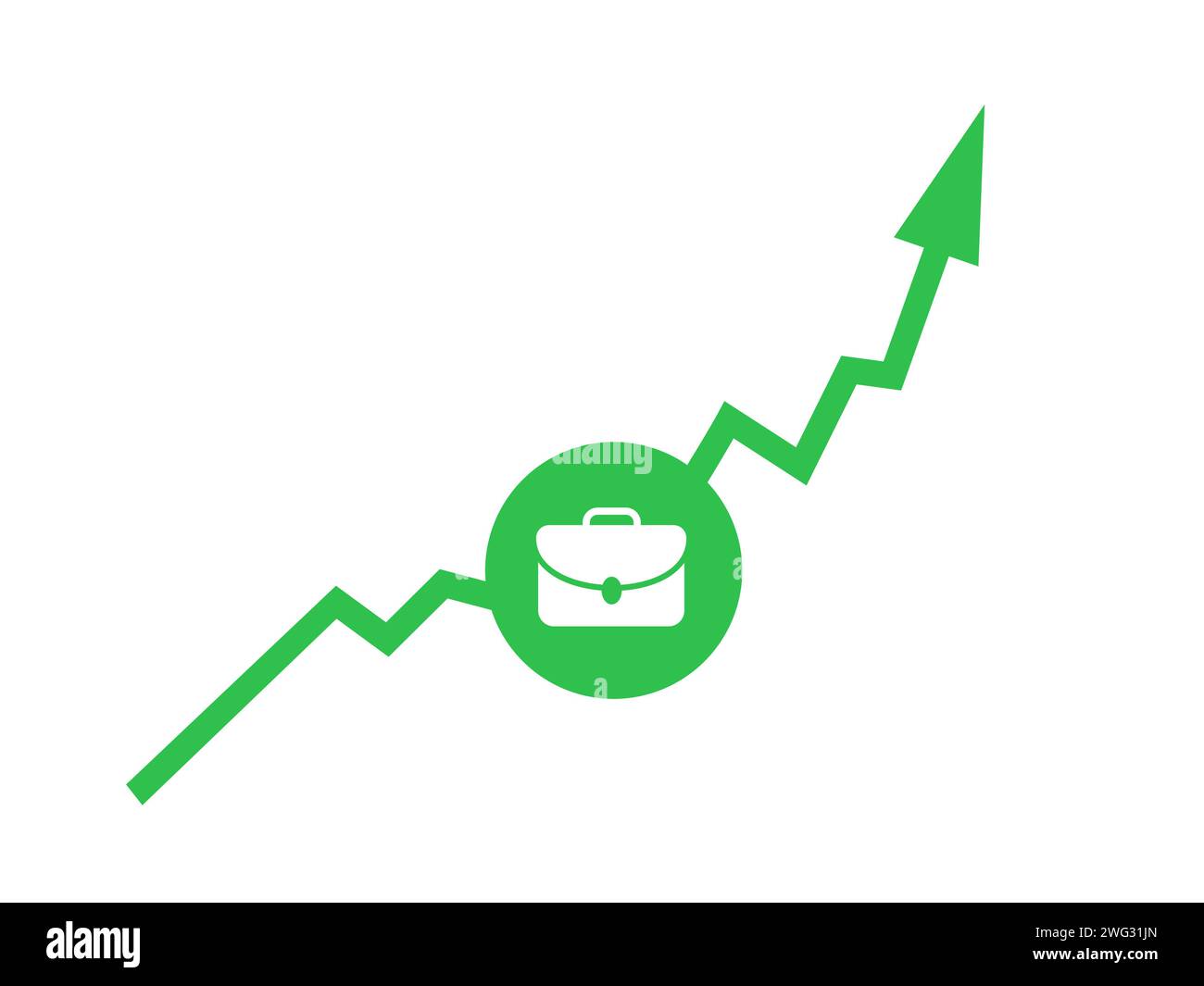 Diagramma verde in alto e valigetta. Assunzione e basso tasso di disoccupazione. Lavoro, lavoro, occupazione e statistiche positive. Illustrazione vettoriale. Foto Stock