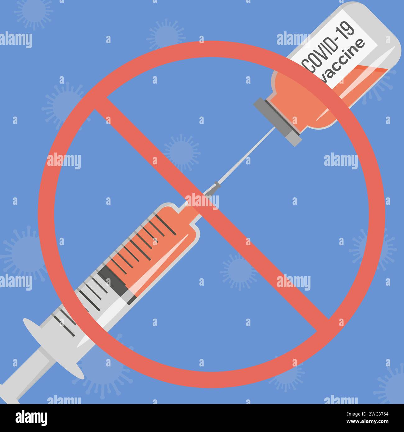Flacone di vaccino con iniezione a siringa e segno rosso proibito sullo sfondo con batteri Coronavirus. Protesta contro la vaccinazione. Rifiuto preventivo m Illustrazione Vettoriale