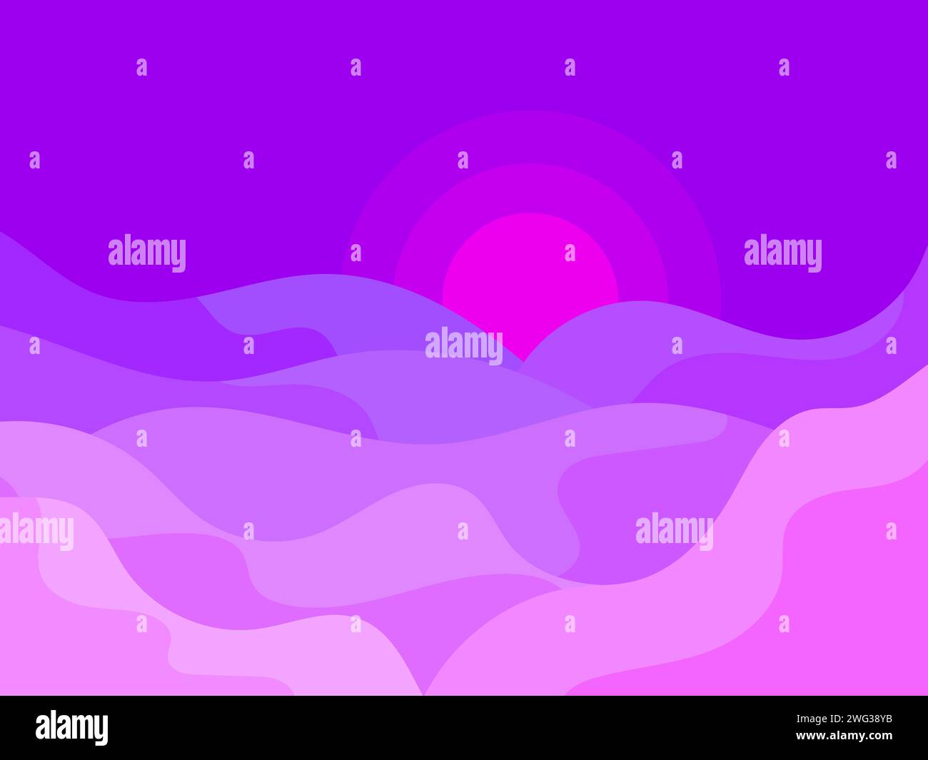 Paesaggio di colline ondulate al tramonto in uno stile minimalista. Crepuscolo sulle colline, tonalità viola e lilla. Decorazioni boho. Design per la stampa di striscioni, poster Illustrazione Vettoriale