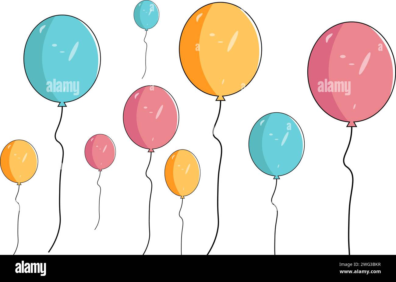 Vettore di volo del palloncino. Gruppo di palloncini volanti in stile cartone animato. Adatto per feste di compleanno, anniversari, feste per bambini Illustrazione Vettoriale