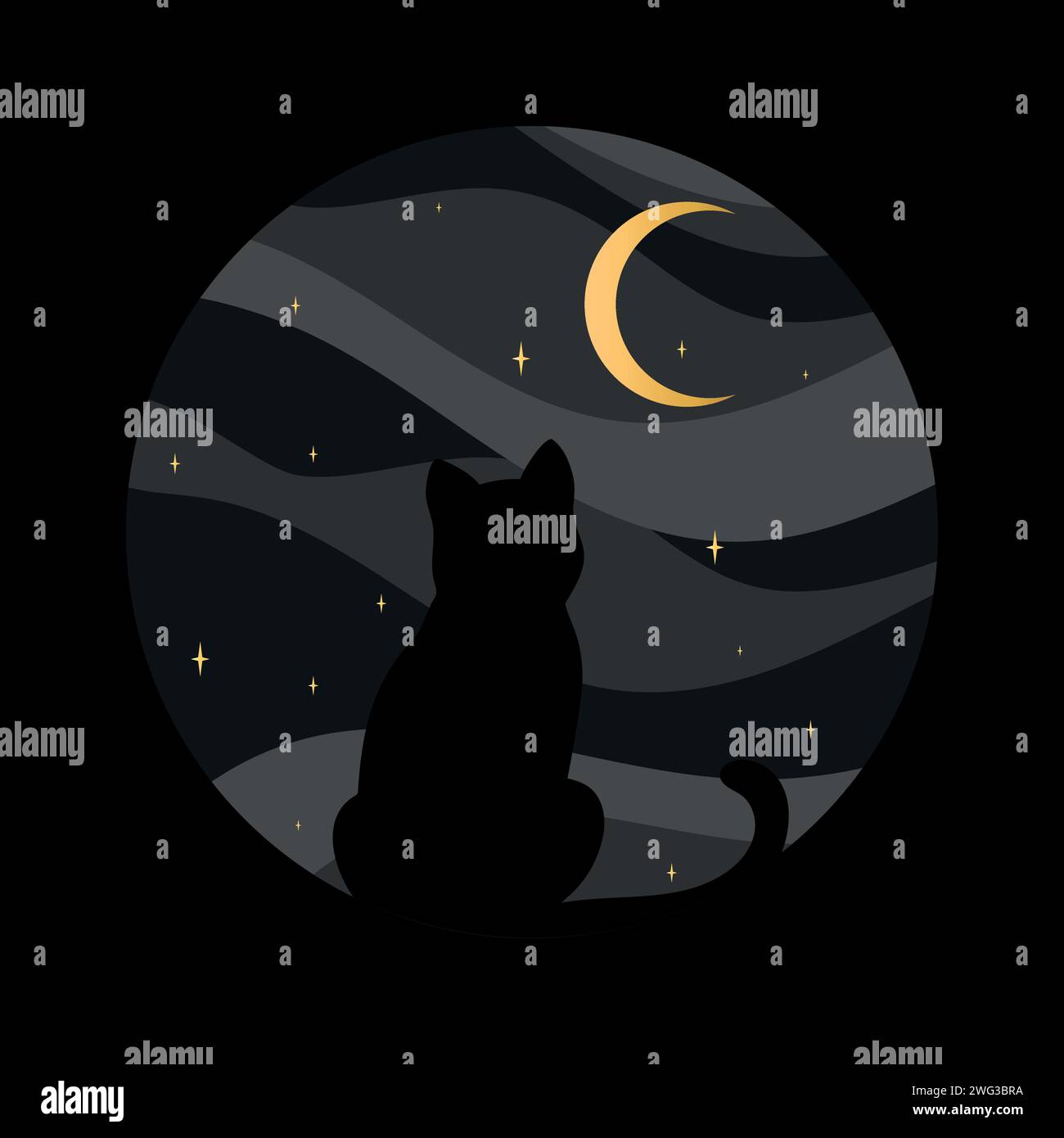 Silhouette nera di gatto su sfondo cielo notturno. Cat watching su una mezzaluna. Illustrazione vettoriale Illustrazione Vettoriale