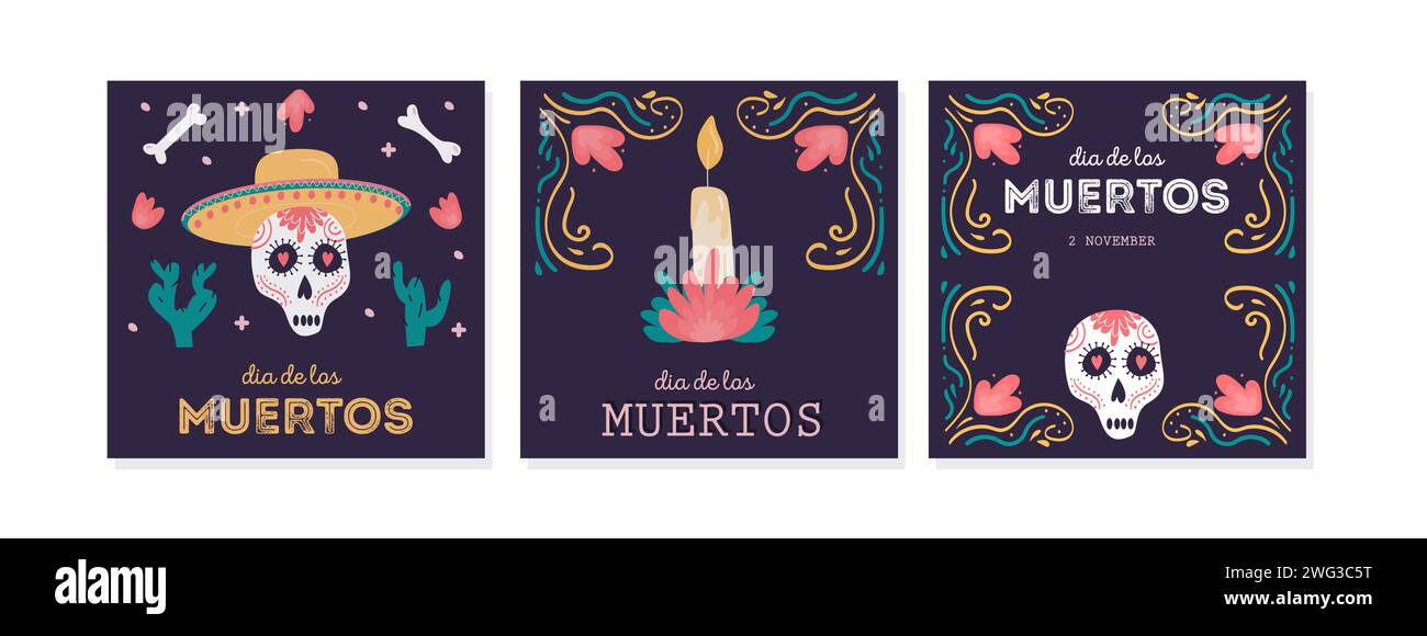 Set di modelli di post sui social media o carte quadrate con teschi di zucchero per le vacanze dia de los muertos. Festa nazionale messicana dei morti. Banner festivo Illustrazione Vettoriale