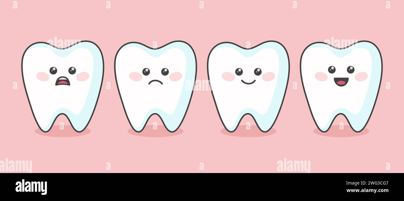 Set di denti vettoriali Flat Cartoon con diverse emozioni ed espressioni facciali. Denti felici, tristi e sorridenti. Banner per ispezione dentale. Carattere dente Illustrazione Vettoriale