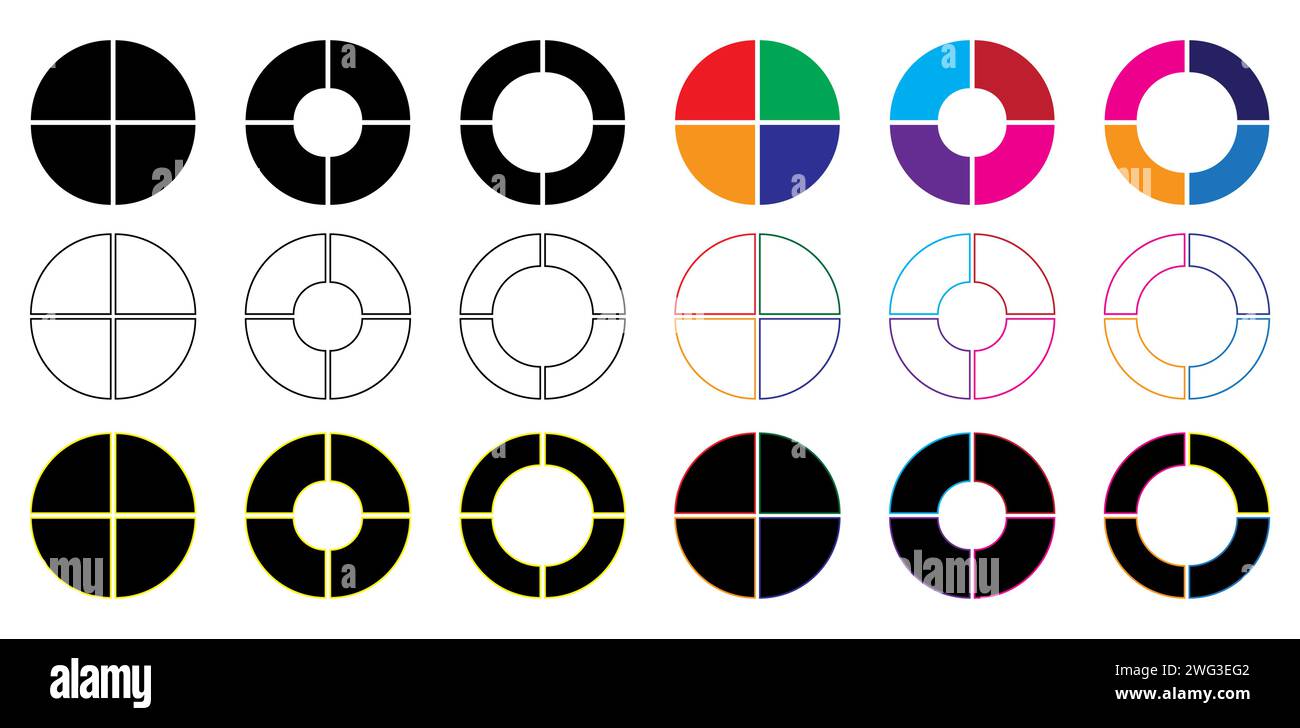 Insieme vettoriale di quattro parti di un cerchio. Grafico a torta con quattro settori delle stesse dimensioni su sfondo bianco. Illustrazione Vettoriale
