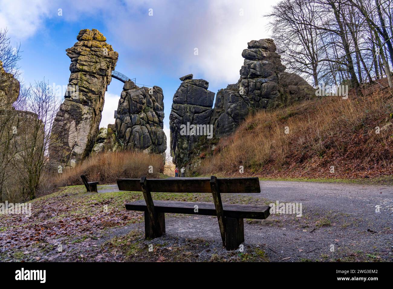 Die Externsteine, eine Sandstein Felsformtation, im Teutoburger Wald, bei Horn-Bad Meinberg, Kreis Lippe, NRW, Deutschland, Externsteine *** l'Externsteine, una formazione rocciosa di arenaria, nella Foresta di Teutoburgo, vicino a Horn Bad Meinberg, distretto di Lippe, NRW, Germania, Externsteine Foto Stock