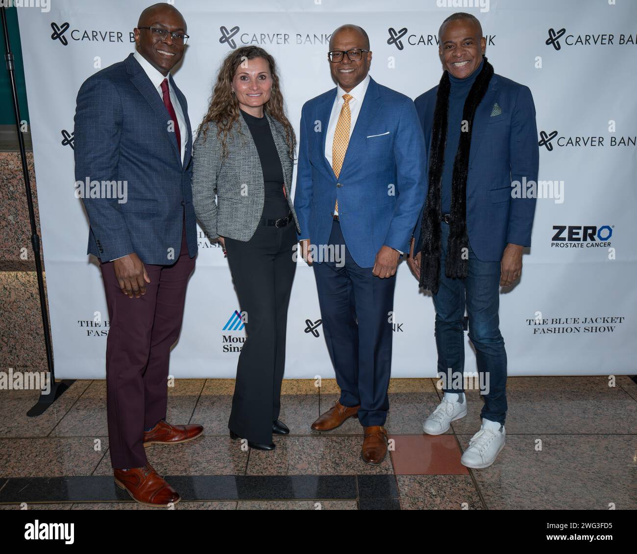 Lloyd Doaman, Cassandra Compton, Craig MacKay e Frederick Anderson partecipano al Blue Jacket Show Zero Prostate Cancer PSA Screening Event alla Carver Bank di Harlem New York, NY il 1 febbraio 2024. (Foto di David Warren/Sipa? USA) credito: SIPA USA/Alamy Live News Foto Stock